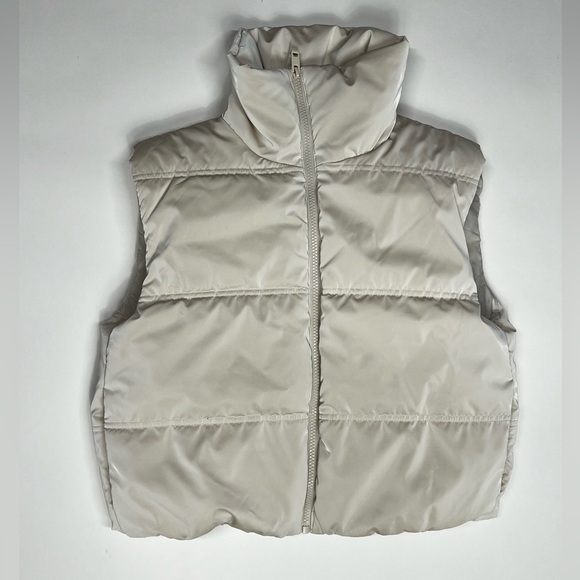 Beige Crop Puffer Vest Cropped Zip Up Down Quilted Jacket Neck Padded Airport 25 - Picture 5 of 17